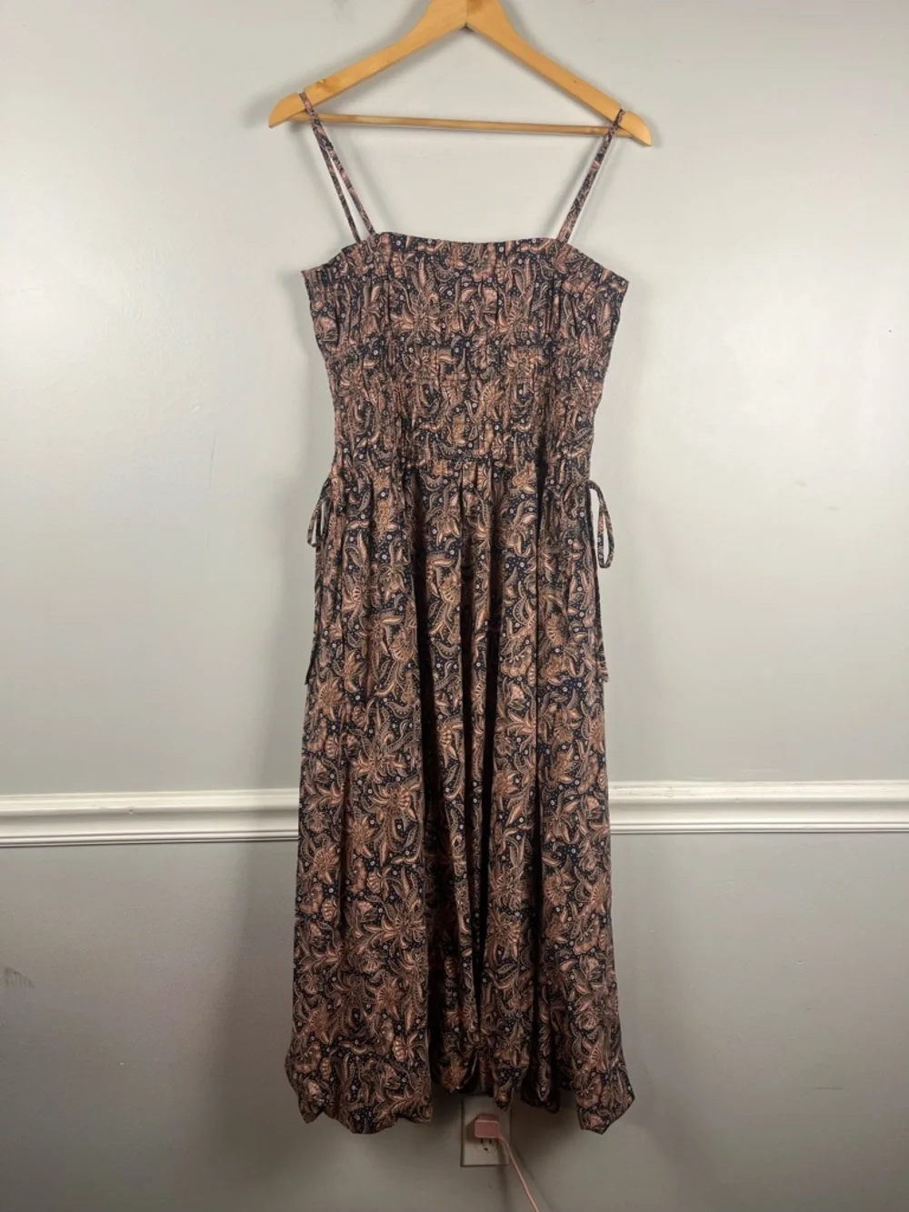 Madewell Smocked Bubble-Hem Midi Dress in Maya Paisley Juniper Berry size 6